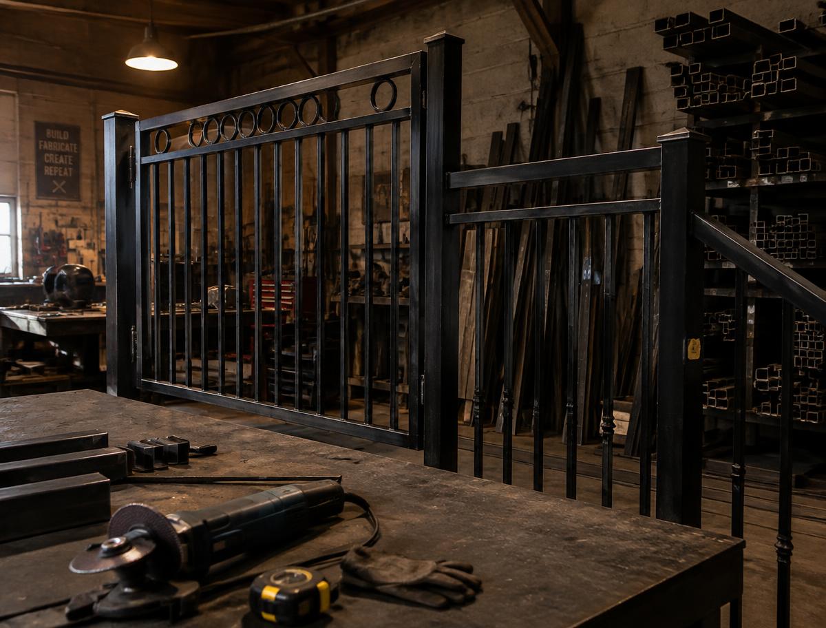 Black steel gate and railing in a fabrication workshop