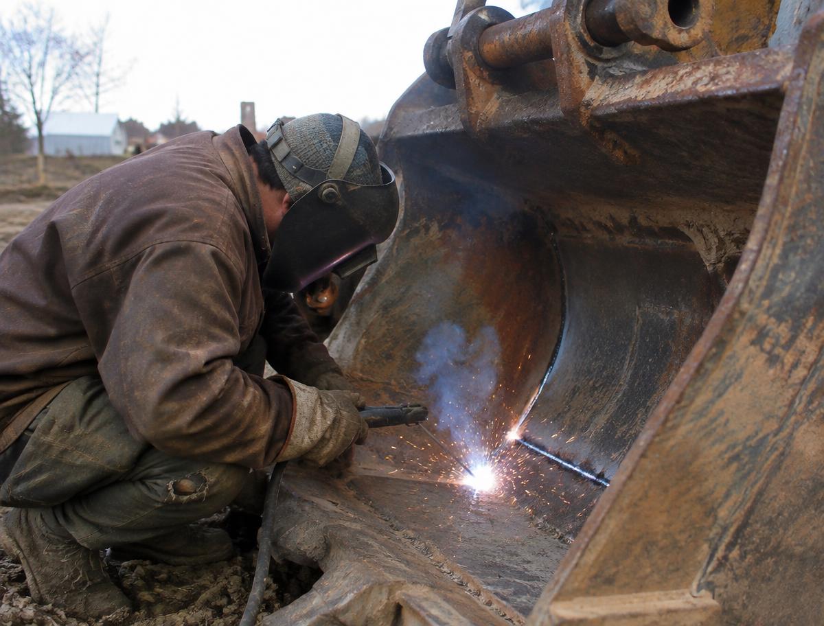 Welder repairing a heavy equipment bucket outdoors